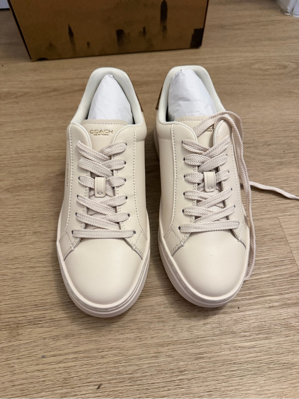 Coach Cream Leather Low-Top Sneakers with Brown Monogram Heel - Picture 3 of 9